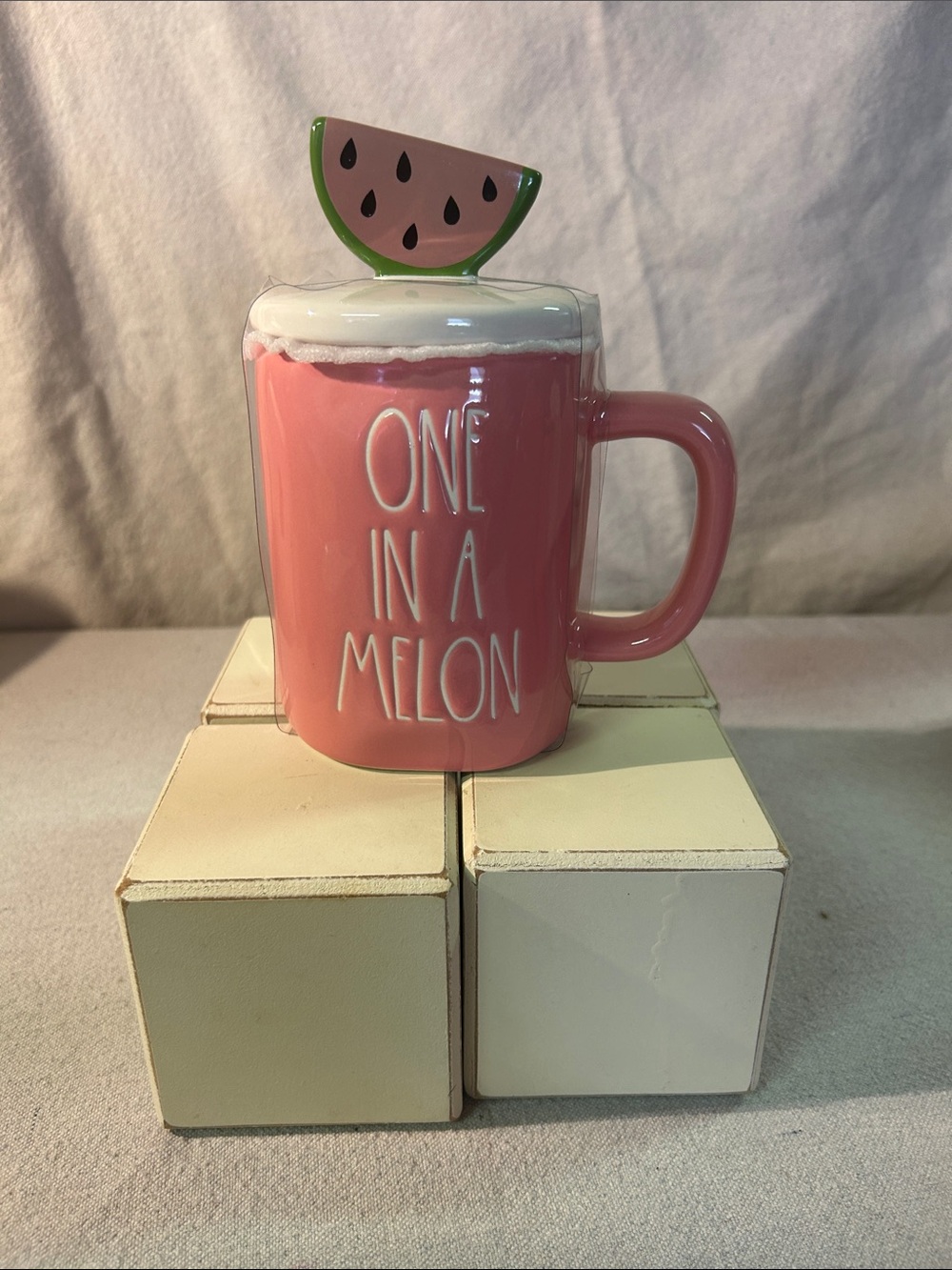 Rae Dunn Pink Ceramic Mug with Watermelon Lid